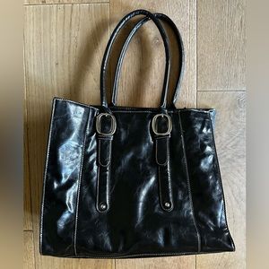 4/$15* Black firm faux leather 12x14x5 tote, 9” strap drop, clean silky interior